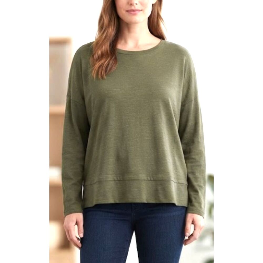 Studio Park Olive Green Top Long Sleeve Crewneck Wide Hem Line Women's Size 2XL